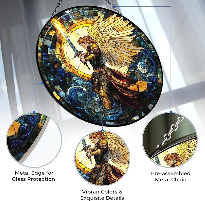 Stained Glass Window Hanging, Boho St. Michael The Archangel Sun Catchers Diamond Glass Panel Hangings Abstract Suncatcher Decor for Birthday for Women, Men, Wife, Aunt, and Mom 6.3 in