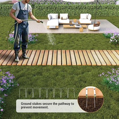 8FT Straight Wooden Garden Pathway Walkway Outdoor Roll Out Decorative Garden Non-Slip Patio Path Decorative Boardwalk Road Floor for Pool Backyard Wedding Party Beach (Warm Brown)