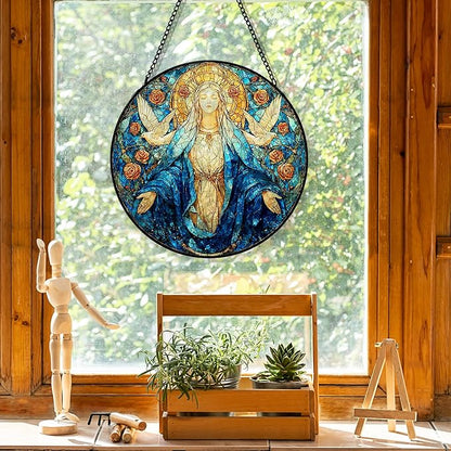 Virgin Christian Mary Suncatcher Stained Glass Window Hanging, Our Lady of Grace Sun Catchers Indoor Window Glass Round Wall Decor, Religious Flower Wall Art Hanging Decorations, ＂7.8x7.8＂