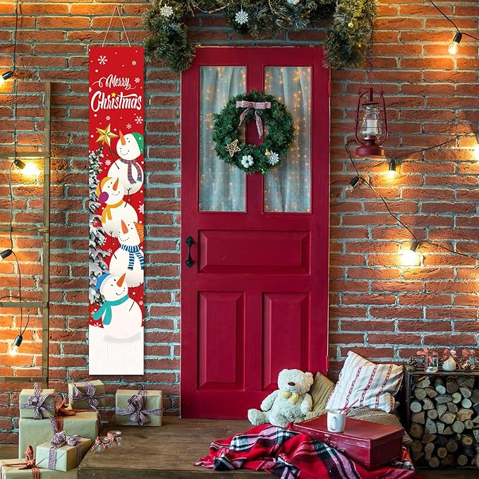 Merry Christmas Wooden Porch Sign 47.3'' Snowman Stack Snowflake Welcome Porch Signs Vertical Standing Xmas Wooden Hanging Decoration for Garden Home Front Door Yard Farmhouse Outdoor Indoor Decor