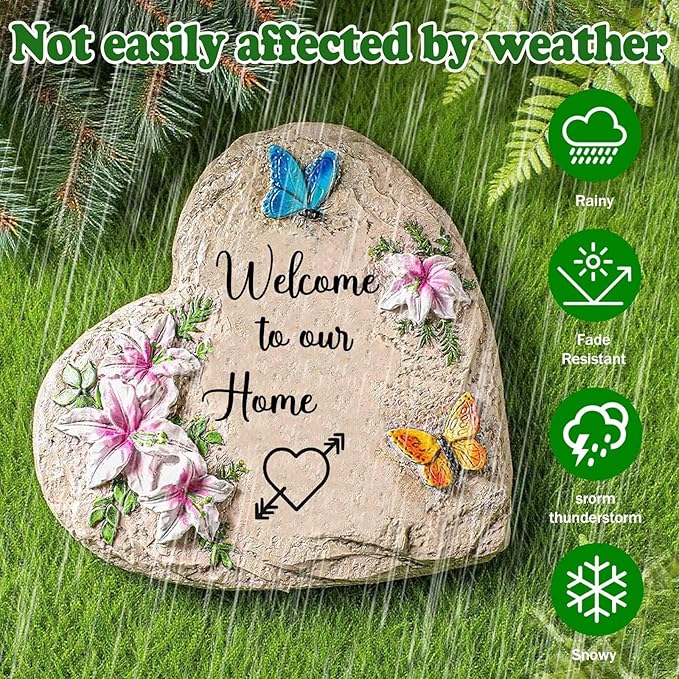 Welcome to Our Home-Resin Stepping Stone,Outdoor Garden Pathway Decoration,Heart Shaped Decorative Stone for Garden,Walkway Sculpture Yard Art for Patio,Home Decor