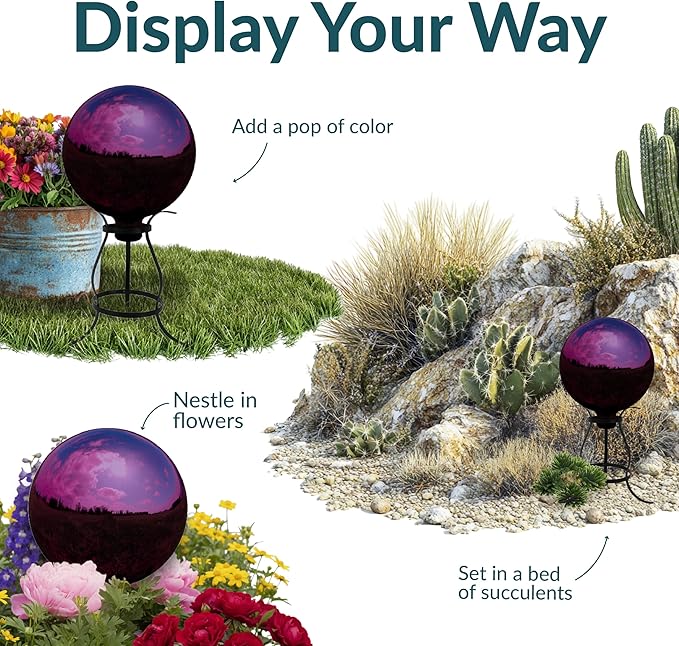 Sunnydaze 10-Inch Gazing Ball for Garden - Glass Gazing Globe with Mirrored Stainless Steel Finish - Merlot - Set of 2