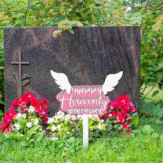 AceOrbit 13.8 X 7.9 Inches Large Happy Birthday in Heaven Decorations Cemetery Decorations for Grave Metal Memorial Remembrance Stake, Grave Markers for Human Cemetery Garden Yard Site Outdoor (Pink)