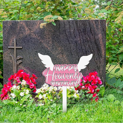 AceOrbit 13.8 X 7.9 Inches Large Happy Birthday in Heaven Decorations Cemetery Decorations for Grave Metal Memorial Remembrance Stake, Grave Markers for Human Cemetery Garden Yard Site Outdoor (Pink)