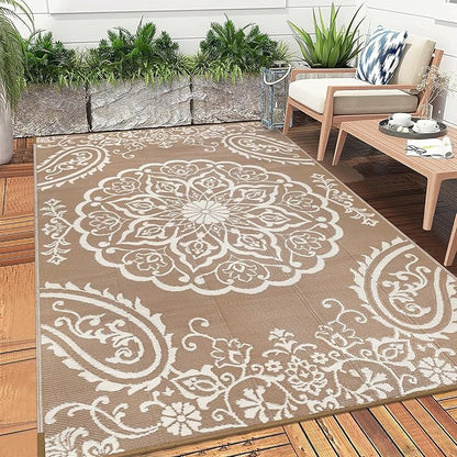 Pauwer Waterproof Outdoor Rug 6x9, Reversible Plastic Straw Patio Camping Rug, Indoor Outdoor RV Mat Carpet for Deck, Camper, Porch, Balcony, Backyard, Picnic, Boho Brown