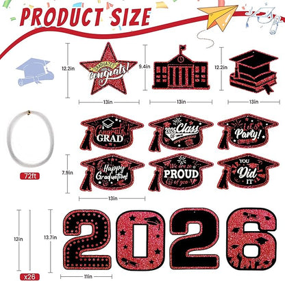 13Pcs Graduation Yard Signs Class of 2026 Large Congrats Grad Sign with Stakes & String Hanging Graduation Decorations for Indoor Outdoor Yard Lawn Porch School (Red)