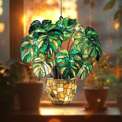 Monstera LeavesChristmas Ornament Colorful Acrylic Suncatcher Stained Glass Effect Window Hanging for Book Lover Bookish Decor Gift for Women mom Grandma