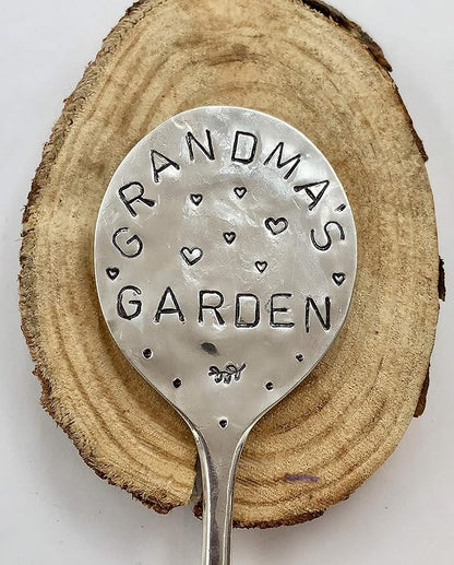 Garden Marker, Grandmas Garden with Hearts, recycled silver plate spoon, herb plant flower pot