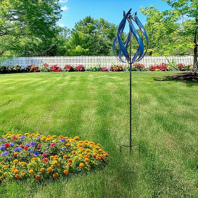 Large 3D Ice Blue Fire Flame Wind Spinner – Metal Kinetic Sculpture for Outdoor Garden, Yard & Patio – Decorative Spinning Art, Wind Catcher Chaser Spinner, Lawn Ornament, Motion Decor – 19" W X 90" H