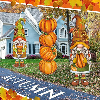 Umigy 3 Pcs Thanksgiving Gnome Yard Decor Cute Fall Autumn Gnome Yard Sign with Stakes 32 x 10 Inch Outdoor Lawn Decor, Outside Thanksgiving Garden Decoration for Home Pathway Walkway