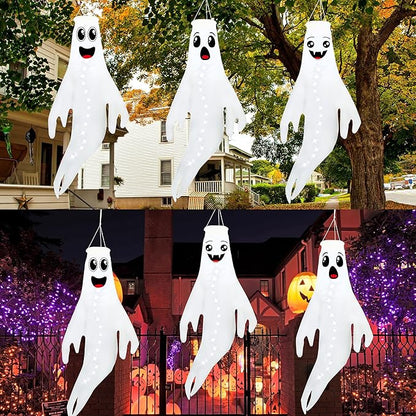 3PCS White Halloween Cute Ghost Windsocks Hanging Decorations - 43 Inch Flag Wind Socks for Home Yard Outdoor Decor Party Supplies (Batteries Not Included,No Timer)