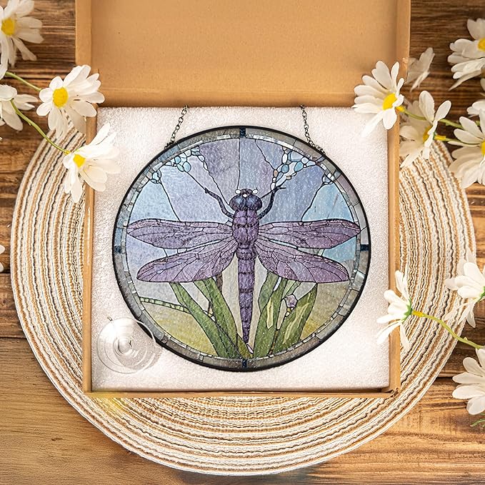 6" Dragonfly Stained Glass Suncatcher – Window Hanging Colorful Glass Panel for Home Decor, Gifts, Kitchen, Living Room – Handmade Sun Catcher Decoration for Nature & Garden Lovers BUG-07C-SG6