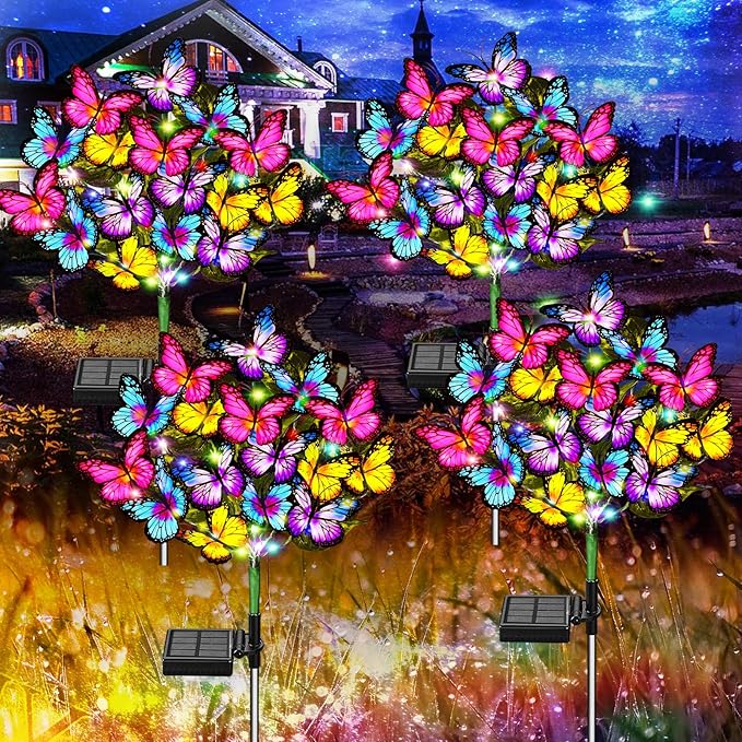 WEITEXS Solar Garden Lights Solar Lights Outdoor Waterproof Solar Lights 4 Pack with New Upgraded 144 LED 68 Butterflys Outdoor Solar Lights for Yard Outside Garden Pathway Decor Gifts for Women
