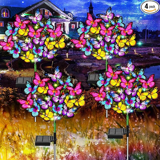 WEITEXS Solar Garden Lights Solar Lights Outdoor Waterproof Solar Lights 4 Pack with New Upgraded 144 LED 68 Butterflys Outdoor Solar Lights for Yard Outside Garden Pathway Decor Gifts for Women