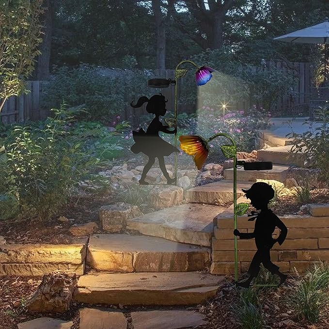 Solar Garden Lights 2 Pack, Boy Girl Silhouettes LED Landscape Lights, Metal Outdoor Decorative for Garden, Landscape, Path, Yard, Patio, Driveway