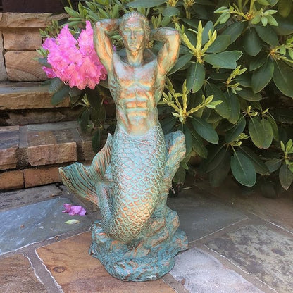 homestyles 21 in. Sexy Triton Merman Male Mermaid on Nautical Rock Bronze Patina Beach and Pool Statue
