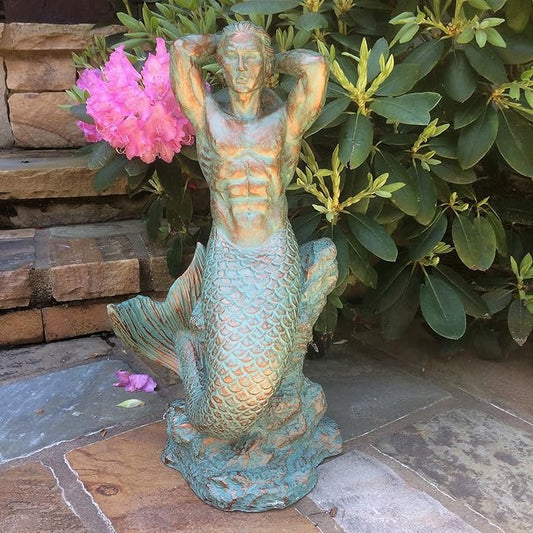 homestyles 21 in. Sexy Triton Merman Male Mermaid on Nautical Rock Bronze Patina Beach and Pool Statue