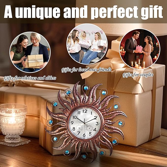 COOZZUHOUR 25 Inch Metal Sun Outdoor Shaped-Clock with Thermometer and Hygrometer Combo, Battery-Powered 10-inch Waterproof Dial and Silent Quartz Movement for Home Decorative Gifts(Bronze)