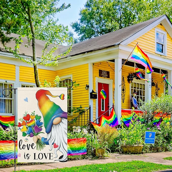 Heyfibro Rainbow Gnome Love is Love Pride Garden Flag 12x18 Double Sided Burlap, Pride Month Heart Bouquet Yard Sign for Gay Lesbian LGBTQ Outdoor Decoration (ONLY FLAG)