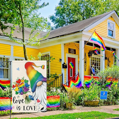 Heyfibro Rainbow Gnome Love is Love Pride Garden Flag 12x18 Double Sided Burlap, Pride Month Heart Bouquet Yard Sign for Gay Lesbian LGBTQ Outdoor Decoration (ONLY FLAG)