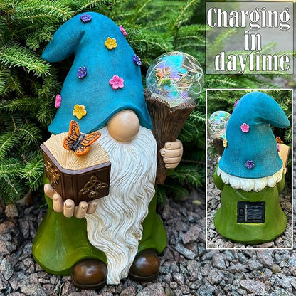 Garden Gnome - Solar Magician Gnome Figurine - 9.45 Inch Tall Decor Outdoor Lawn Statue with LED Lights
