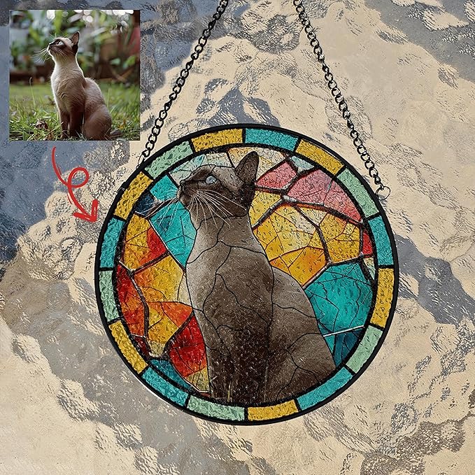 Custom Cat Portrait Art Suncatcher, Personalized Pet Portrait, Hanging Stained Glass Cat Memorial, Custom Memorial Gifts for Loss of Pet, Remembrance Gift for Lover,Sympathy Gift Dog Mom Indoor Decor