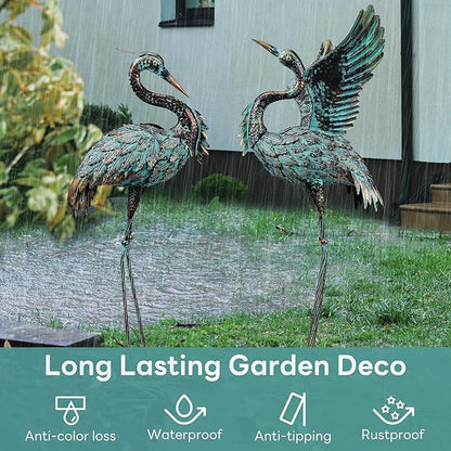 Garden Statues Large Metal Crane Sculptures, Outdoor Heron Metal Statue Yard Art for Garden Decor, Realistic Bird Art for Outdoor Decor, Standing Lifelike, Water&Rust-Proof, Set of 2 Bronze