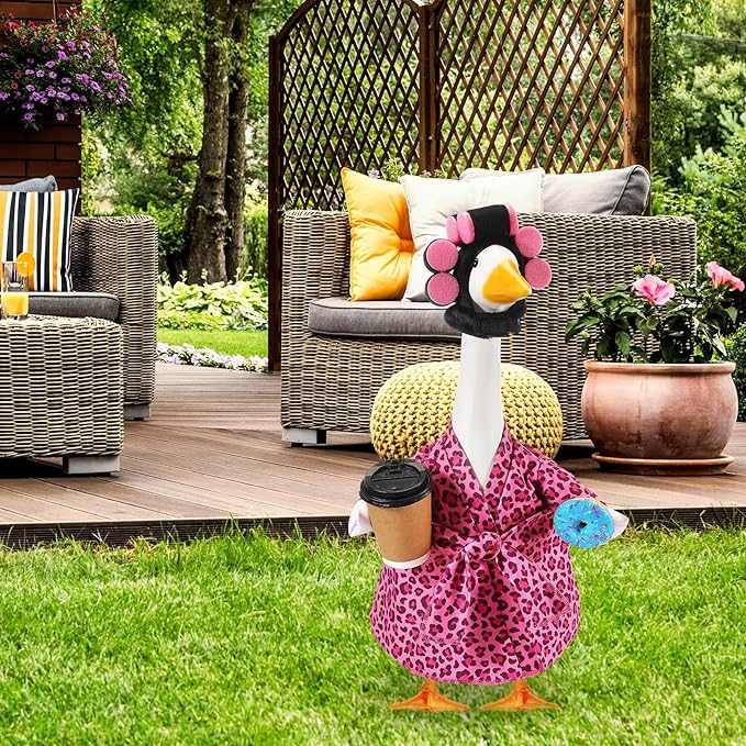 Shyyween Lady Porch Goose Outfit for 23'' Cement Plastic Lawn Goose Statue Clothes Pink Leopard Bathrobe Coffee Cup Curlers for Outdoor Garden Yard Patio Decoration