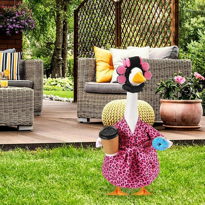 Shyyween Lady Porch Goose Outfit for 23'' Cement Plastic Lawn Goose Statue Clothes Pink Leopard Bathrobe Coffee Cup Curlers for Outdoor Garden Yard Patio Decoration