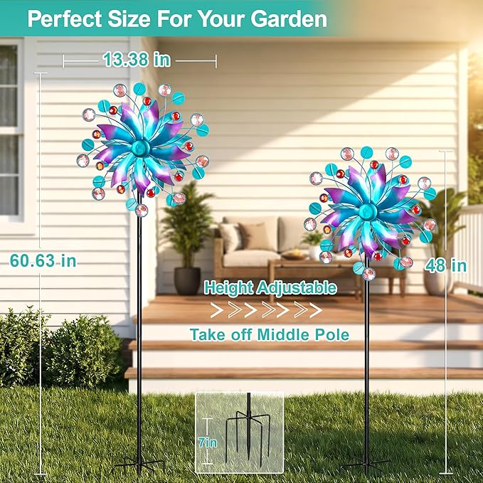 Solar Wind Spinner Outdoor - Metal Kinetic Wind Sculptures with Sparkling Jeweled Ornaments, Blue & Purple Gradient Dual-Direction Spinner, Solar LED Glass Ball Yard Art for Garden Patio Decor