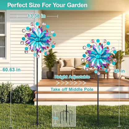 Solar Wind Spinner Outdoor - Metal Kinetic Wind Sculptures with Sparkling Jeweled Ornaments, Blue & Purple Gradient Dual-Direction Spinner, Solar LED Glass Ball Yard Art for Garden Patio Decor