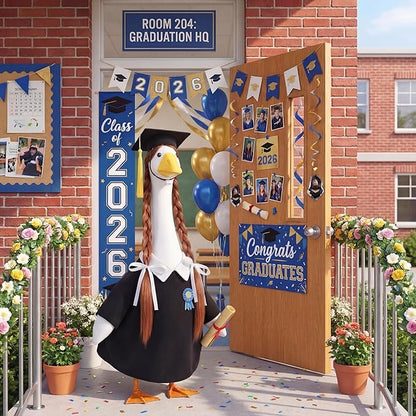 Abbylike Graduation Porch Goose Outfits Graduation Cap with Gold Tassel and Wig Yard Goose Costume Clothes Fits Large 23'' Cement for Garden Yard Statue Lawn Pathway Decorations