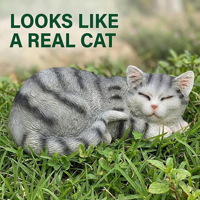 GARDEN WHISPER Cat Statue, Grey, Resin, Contemporary, Outdoor / Indoor Decor, 11.4" L x 7.1" W x 4.3" H, 1.5 lbs