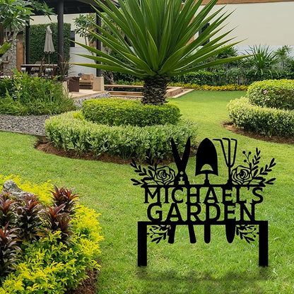 Custom Metal Garden Tools Sign with Stakes, Personalized Garden Name Sign, Yard Art, Patio Decorations, New Home Gift, Garden Decorative, Gardening Tools Sign for Outdoor, Large Housewarming Gift