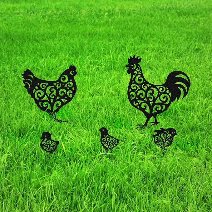 Metal Chicken Garden Stakes Set of 5, Outside Rooster Decorative Gardens Stakes, Chickens Gifts for Women, Chicks Lovers and Chicken Owners, Outdoor Ornaments for Yard Lawn Patio Gardens