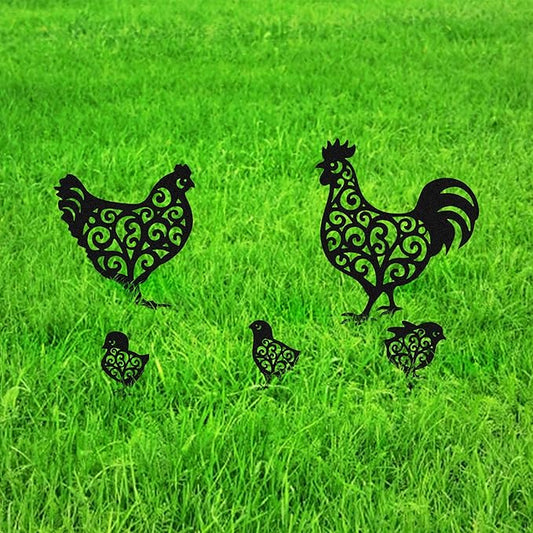 Metal Chicken Garden Stakes Set of 5, Outside Rooster Decorative Gardens Stakes, Chickens Gifts for Women, Chicks Lovers and Chicken Owners, Outdoor Ornaments for Yard Lawn Patio Gardens