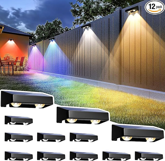 SOLPEX Solar Fence Lights Outdoor, 9 Fixed Colors ＆ Color Changing Fence Solar Lights Outdoor Waterproof IP65, LED Deck Lighting for Halloween Wall Backyard Step Railing Patio Pool Porch(12 Pack)