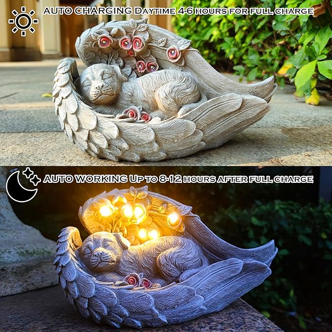 Solar Dog Garden Statue Decor for Outside, Dog Lover Gifts with Wings and 7 LED Lights for Outdoor, Garden and Patio Decor for Yard, Unique Birthday House Warming Gifts for Mom