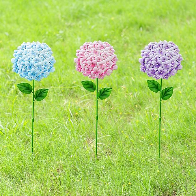 Glitzhome Set of 3 Hydrangea Garden Stakes, Metal Flower Yard Art with Hand Painted Color Finish and Detachable Stake, Iron Spring Lawn Patio Wall Decor, 24 "H
