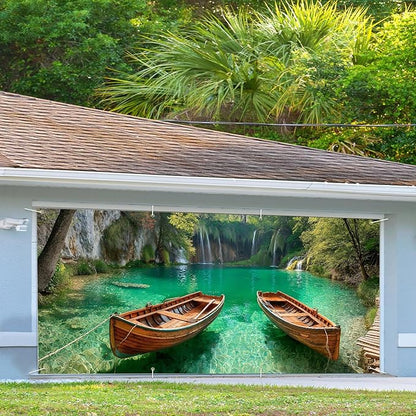 13x6 ft Serene Canoe Lake Garage Door Banner - Calm Forest Reflection Backdrop, Hanging Garage Decorations - for Fall Thanksgiving Family Gathering Background, Rustic Outdoor Wall Sign