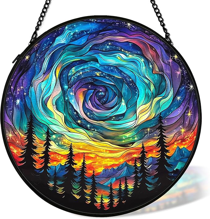 Northern Lights Suncatcher Stained Glass Window Hanging Decor Ornaments, Nature Mountain Stained Glass Decor, Landscape Garden Lawn Sun Catchers Hanging Wall Art, Nature Lover Gifts,7.9x7.9In