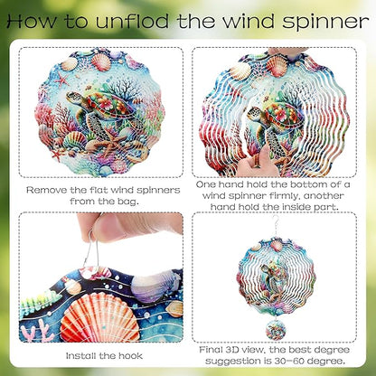 Metal Wind Spinners Outdoor - Sea Turtle Gifts 3D Hanging Wind Spinner Patio Lawn Garden Yard Decor 12 Inch Kinetic Spinning Ornaments Stainless Steel Art Sculpture Gift for Women Mom Grandma