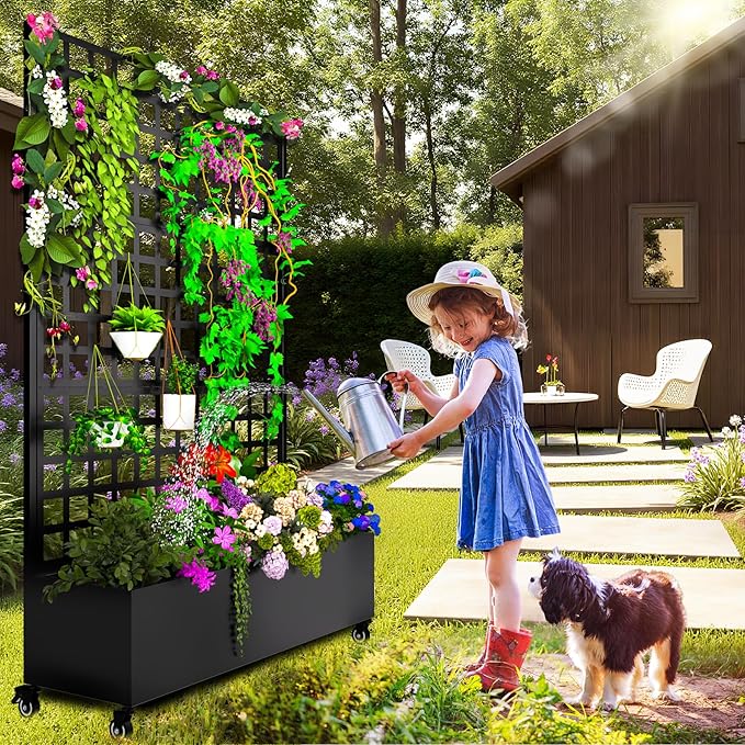 MTART Metal Planter Box with Trellis, 72.1"x47.2"x16" Galvanized Raised Garden Bed with Privacy Screen & Drainage Holes & Lockable Casters for Climbing Plants, Flower, Vegetable (Black-Grid)