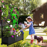 MTART Metal Planter Box with Trellis, 72.1"x47.2"x16" Galvanized Raised Garden Bed with Privacy Screen & Drainage Holes & Lockable Casters for Climbing Plants, Flower, Vegetable (Black-Grid)