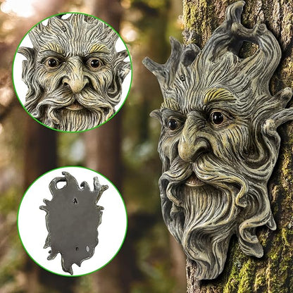 Teaeeno Whimsical Tree Face Garden Decoration, 9.8 in Tree Faces Decor Outdoor Wallmounted Statue Art with Leaf Features, Outdoor Decor Garden Accessory (Outdoors and Nature)