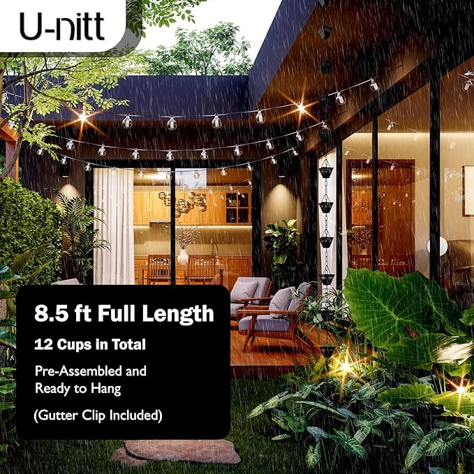 U-nitt Rain Chain Water Collection for Gutters, Rainwater Catcher & Diverter, 8.5 FT Chains for Outside Garden, Black Square Cups, Roof Downspout, Works with Heavy Rain, w/Gutter Clip for Rainchains