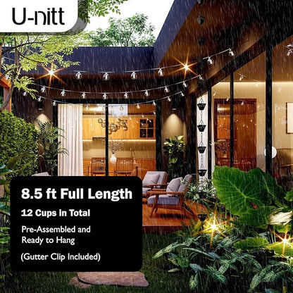 U-nitt Rain Chain Water Collection for Gutters, Rainwater Catcher & Diverter, 8.5 FT Chains for Outside Garden, Black Square Cups, Roof Downspout, Works with Heavy Rain, w/Gutter Clip for Rainchains