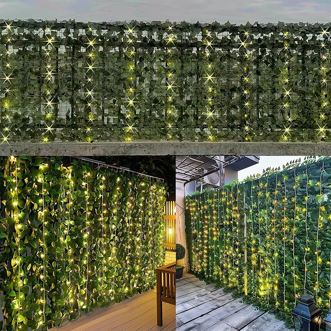 Artificial Ivy Privacy Fence with Lights 120x40in Grass Wall Screen Fake Vines Balcony Fence Privacy Screen Cover, Faux Ivy Leaf Hedge Panels Wall Decoration
