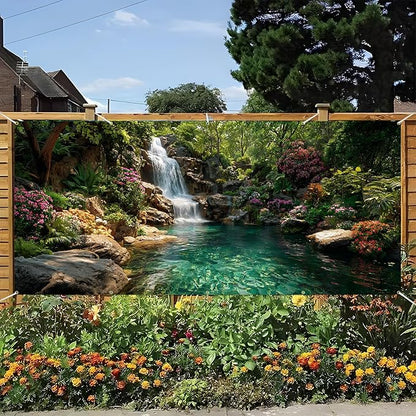 Garage door banner cover, 6x13 ft beautiful waterfall and pond background, Large Outdoor Backyard Landscape Decoration (Waterfall Pond)