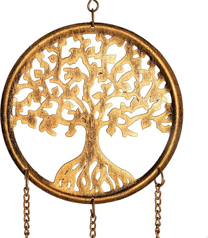 Tree of Life Beaded Windchime Wall Hanging Chimes Indian Décor for Home Balcony Garden Decorative Items and Gifting (Antique Golden-Big)